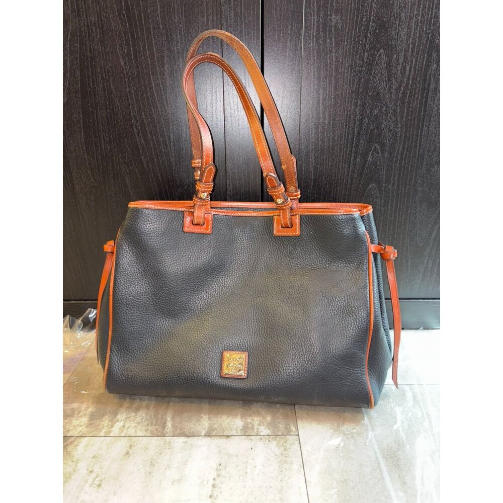 Dooney & Bourke Black Pebbled Leather Tote Bag With Brown Trim & Adjustable Stra